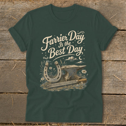 Green t-shirt with "Farrier Day Is the Best Day" text and horseshoe, anvil, and file graphic.