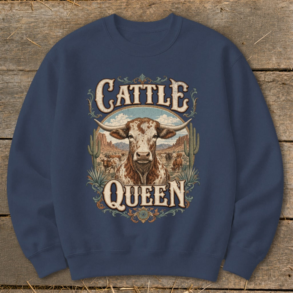 Crewneck sweatshirt with "Cattle Queen" text and a Texas longhorn steer in a desert landscape.