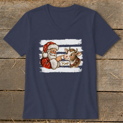 Santa booping a cow with the word "Boop" on a navy t-shirt.