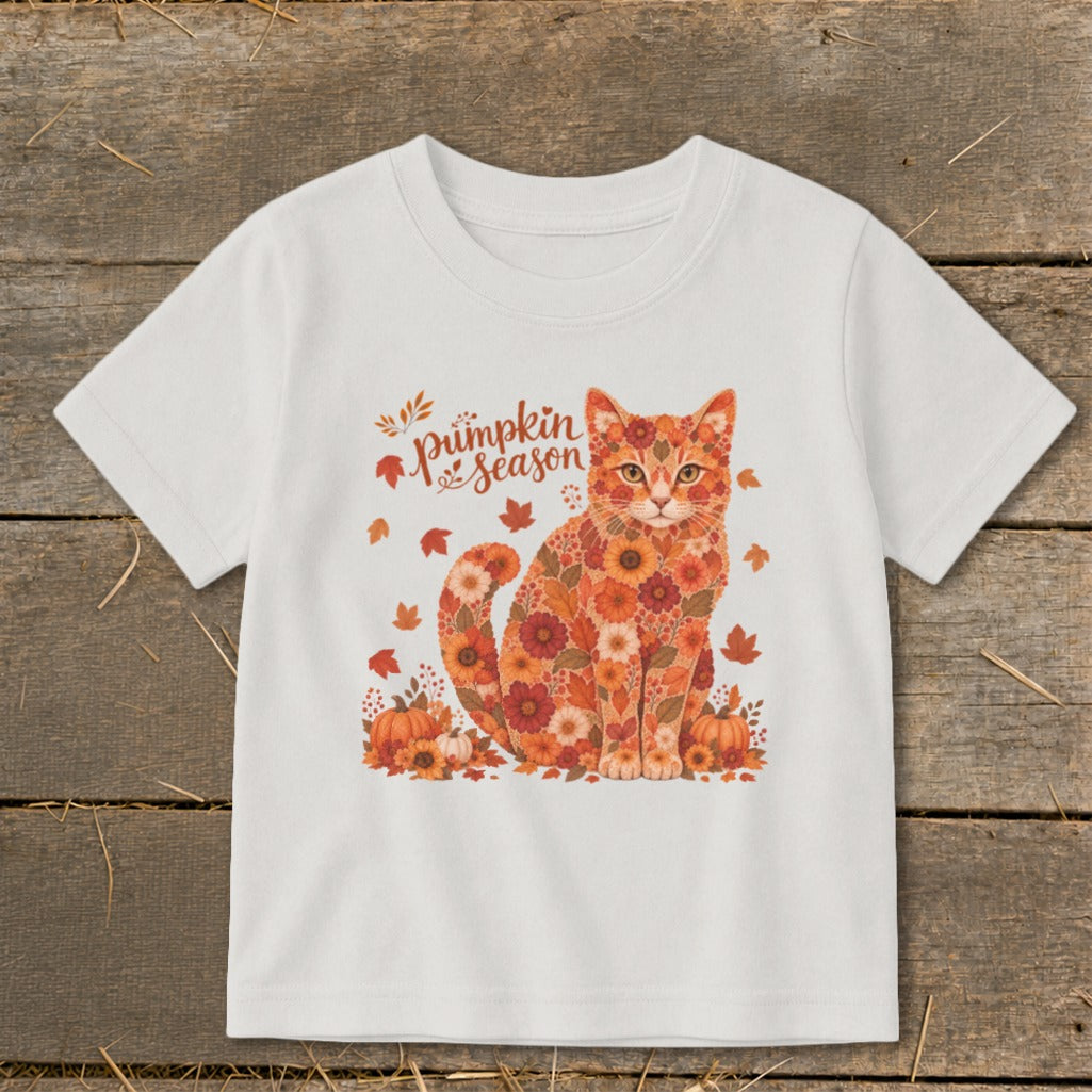White t-shirt with floral patterned cat and "pumpkin season" text.