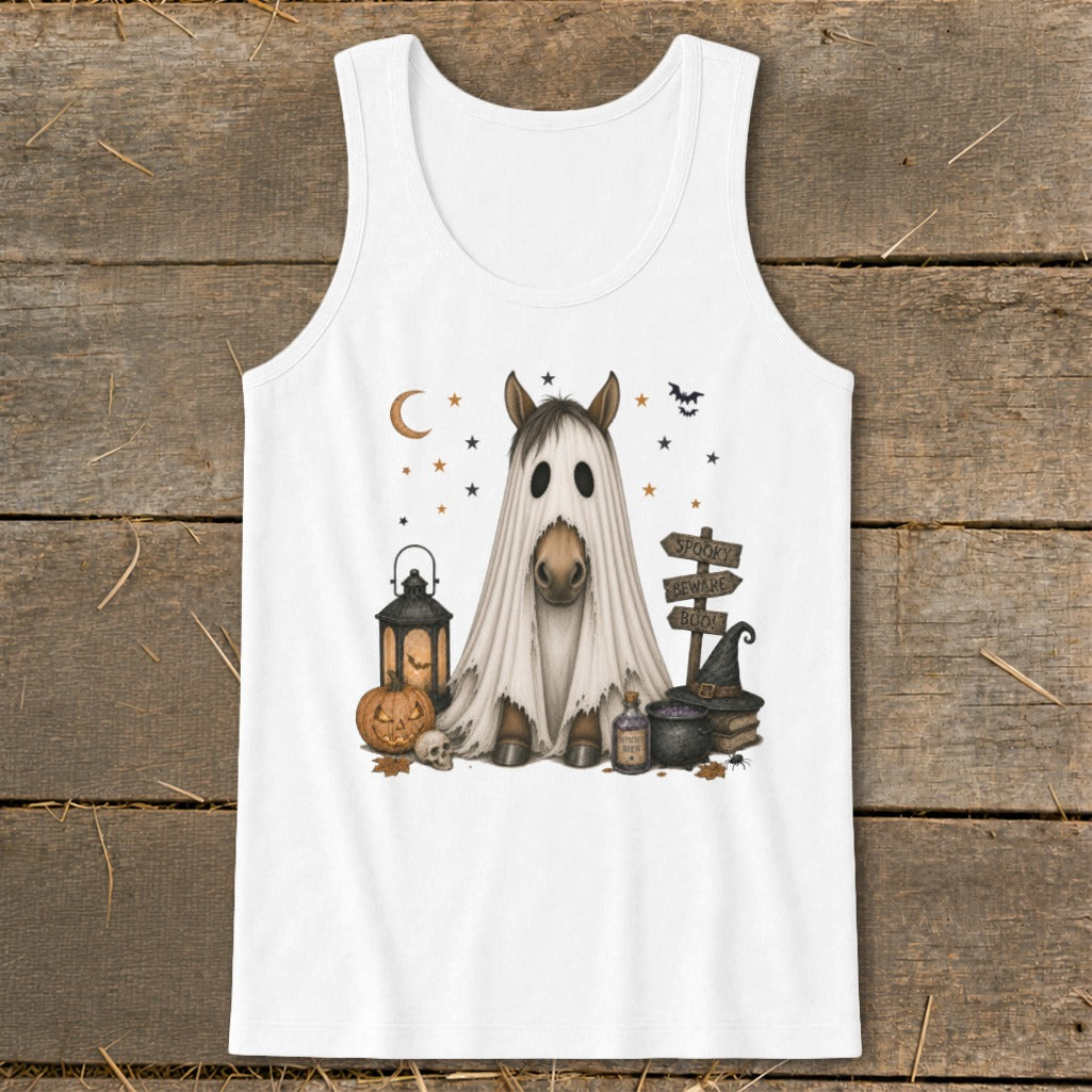 Horse dressed as a ghost with Halloween decorations and "Spooky Beware Boo!" sign.