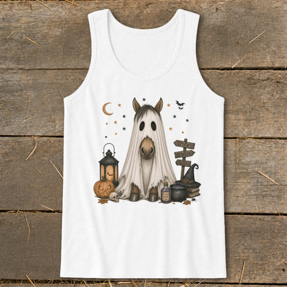 Horse dressed as a ghost with Halloween decorations and "Spooky Beware Boo!" sign.