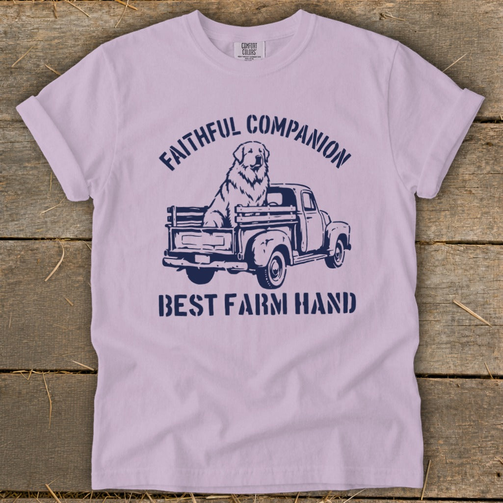 Dog in a truck with "Faithful Companion" and "Best Farm Hand" text.