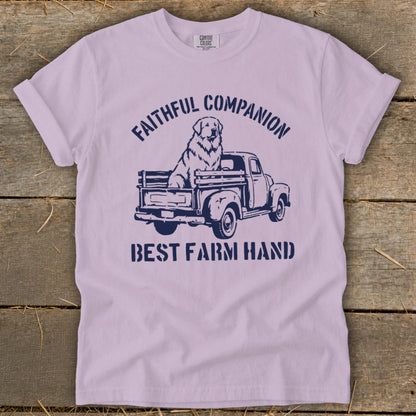 Dog in a truck with "Faithful Companion" and "Best Farm Hand" text.