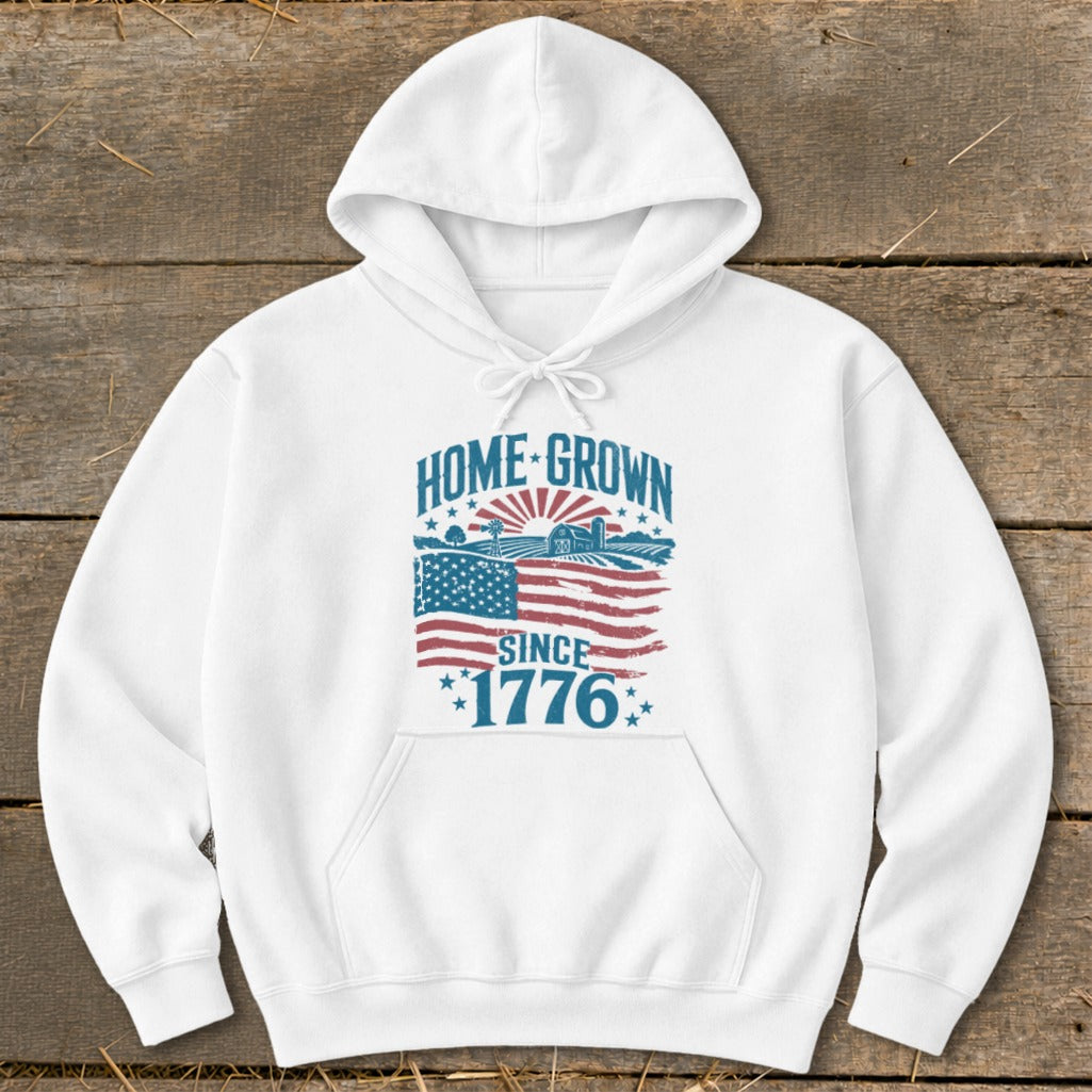 White hoodie with "HOME GROWN SINCE 1776" text and American flag graphic.