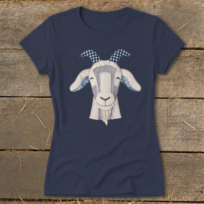 Navy t-shirt with a patchwork goat face applique and blue gingham horns.