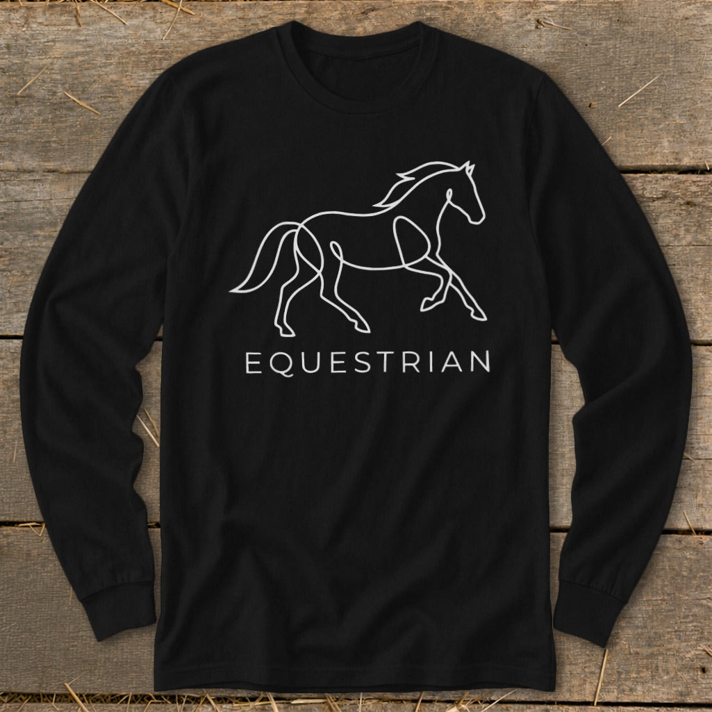 Black long sleeve shirt with white line drawing of a horse and the word "EQUESTRIAN".