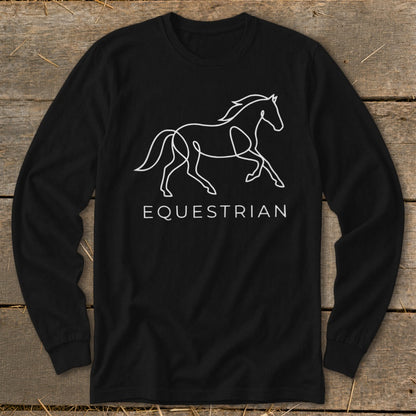 Black long sleeve shirt with white line drawing of a horse and the word "EQUESTRIAN".