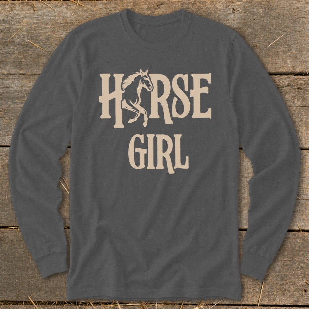 Charcoal long-sleeve shirt with "HORSE GIRL" text and horse graphic.