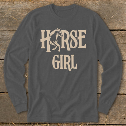 Charcoal long-sleeve shirt with "HORSE GIRL" text and horse graphic.