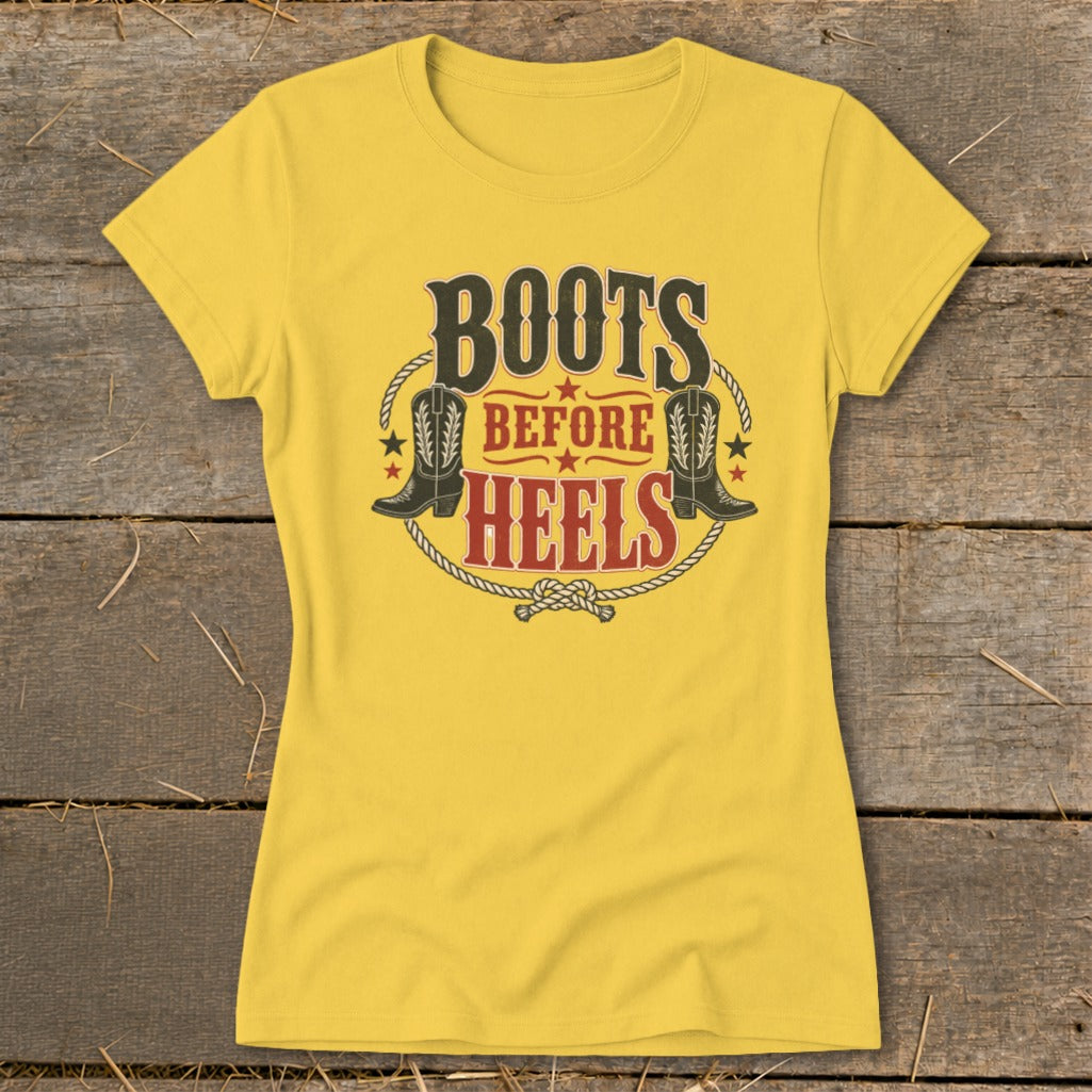 Yellow t-shirt with "Boots Before Heels" text and cowboy boot graphics.