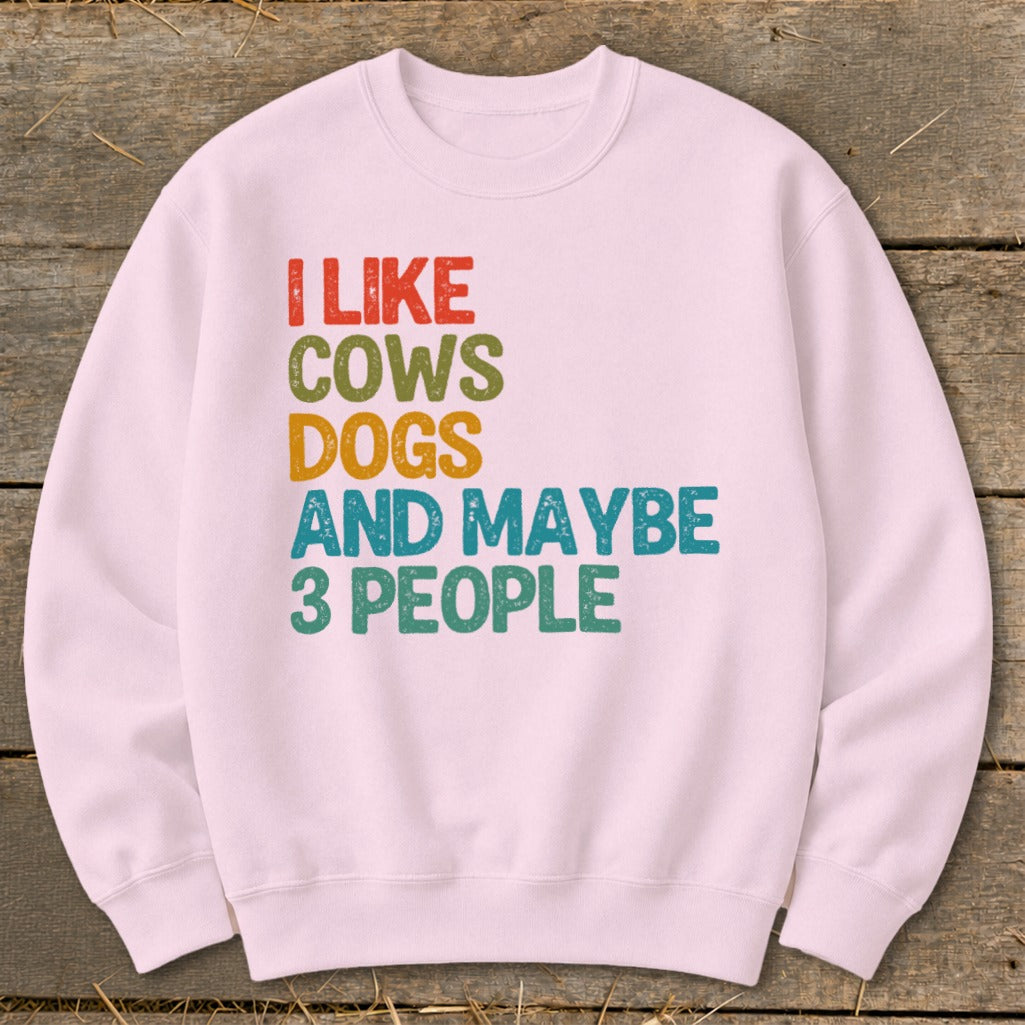 Pink sweatshirt with text "I LIKE COWS DOGS AND MAYBE 3 PEOPLE".