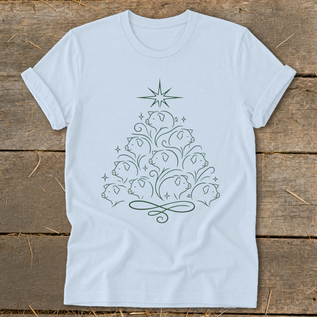 White t-shirt with a Christmas tree shape made of pig outlines and a star.