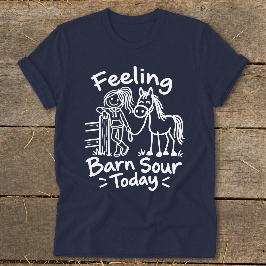 Navy t-shirt with a cartoon girl and horse graphic and text "Feeling Barn Sour Today".