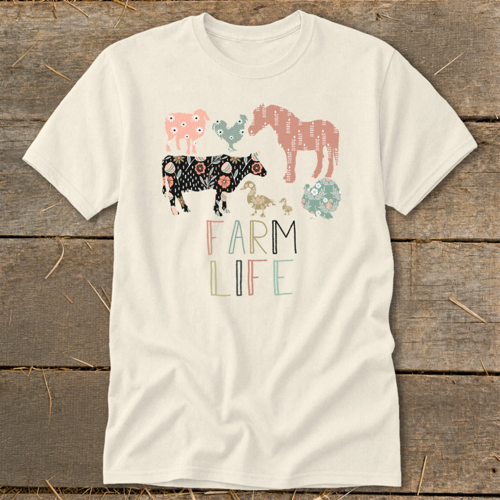 Cream t-shirt with "FARM LIFE" text and various farm animals in floral patterns.