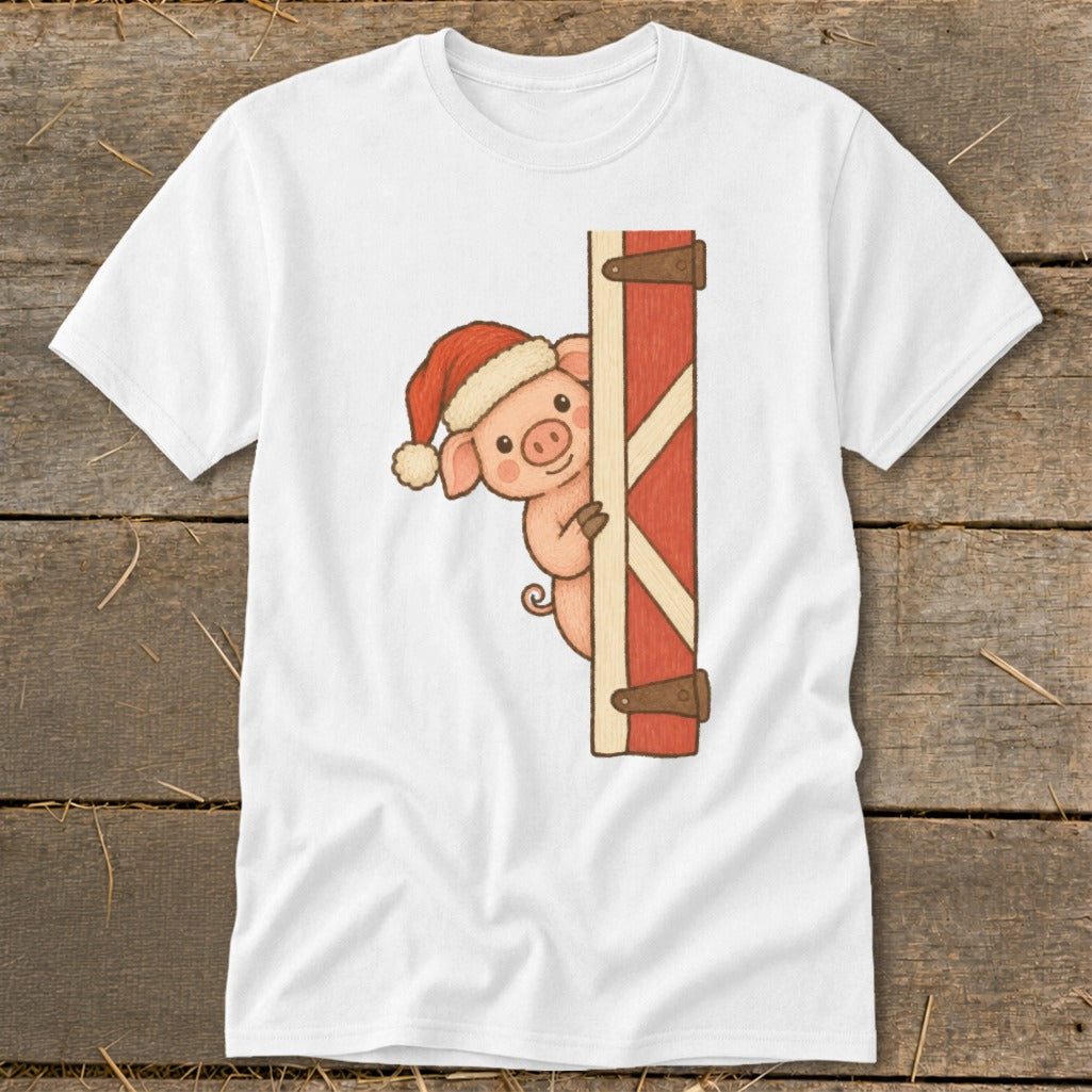 Pig wearing Santa hat peeking from behind a wooden barn door.