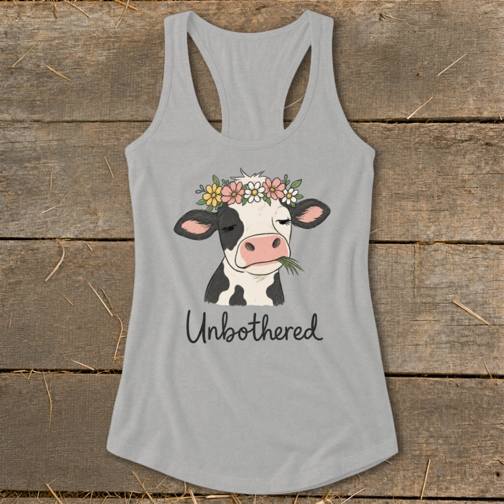 Grey tank top with a cow wearing a flower crown and the text "Unbothered".