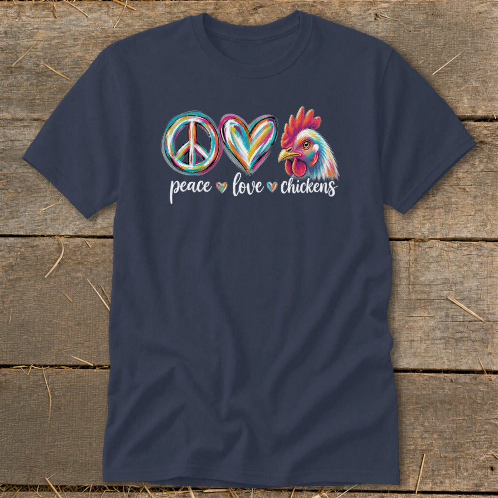 Navy t-shirt with peace, love, and chickens graphic and text.