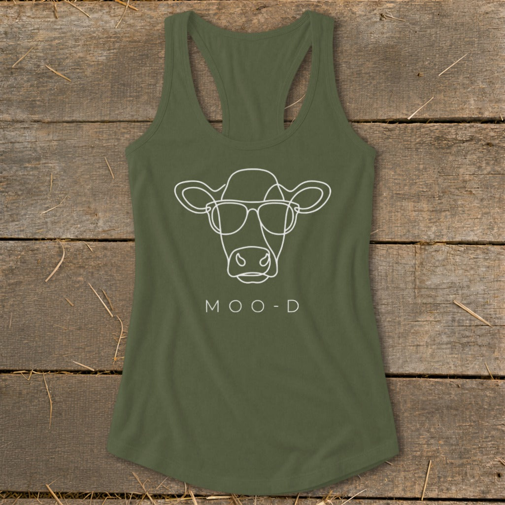 Olive green tank top with a white line drawing of a cow wearing sunglasses and text "MOO-D".