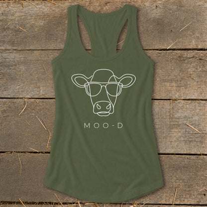 Olive green tank top with a white line drawing of a cow wearing sunglasses and text "MOO-D".