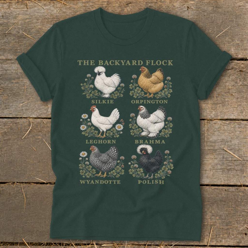 The Backyard Flock t-shirt features six breeds of chickens: Silkie, Orpington, Leghorn, Brahma, Wyandotte, and Polish.