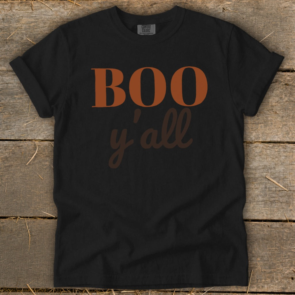 Black t-shirt with "BOO y'all" graphic in orange and brown.
