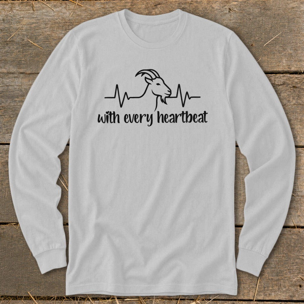 White long sleeve shirt with black line art of a goat integrated into a heartbeat EKG line and text.