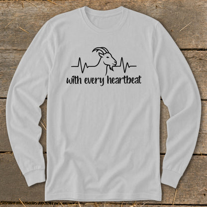White long sleeve shirt with black line art of a goat integrated into a heartbeat EKG line and text.