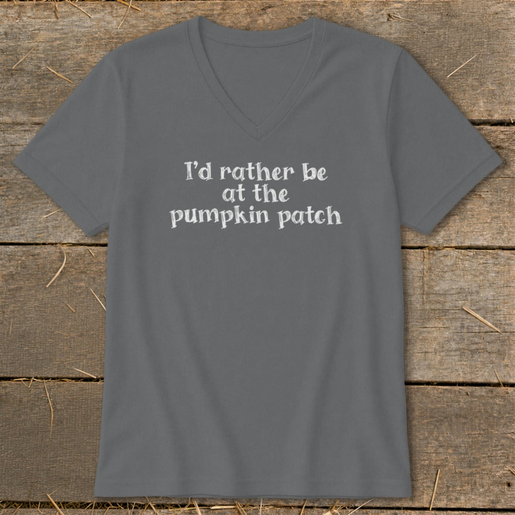 Grey V-neck t-shirt with white text that reads "I'd rather be at the pumpkin patch."