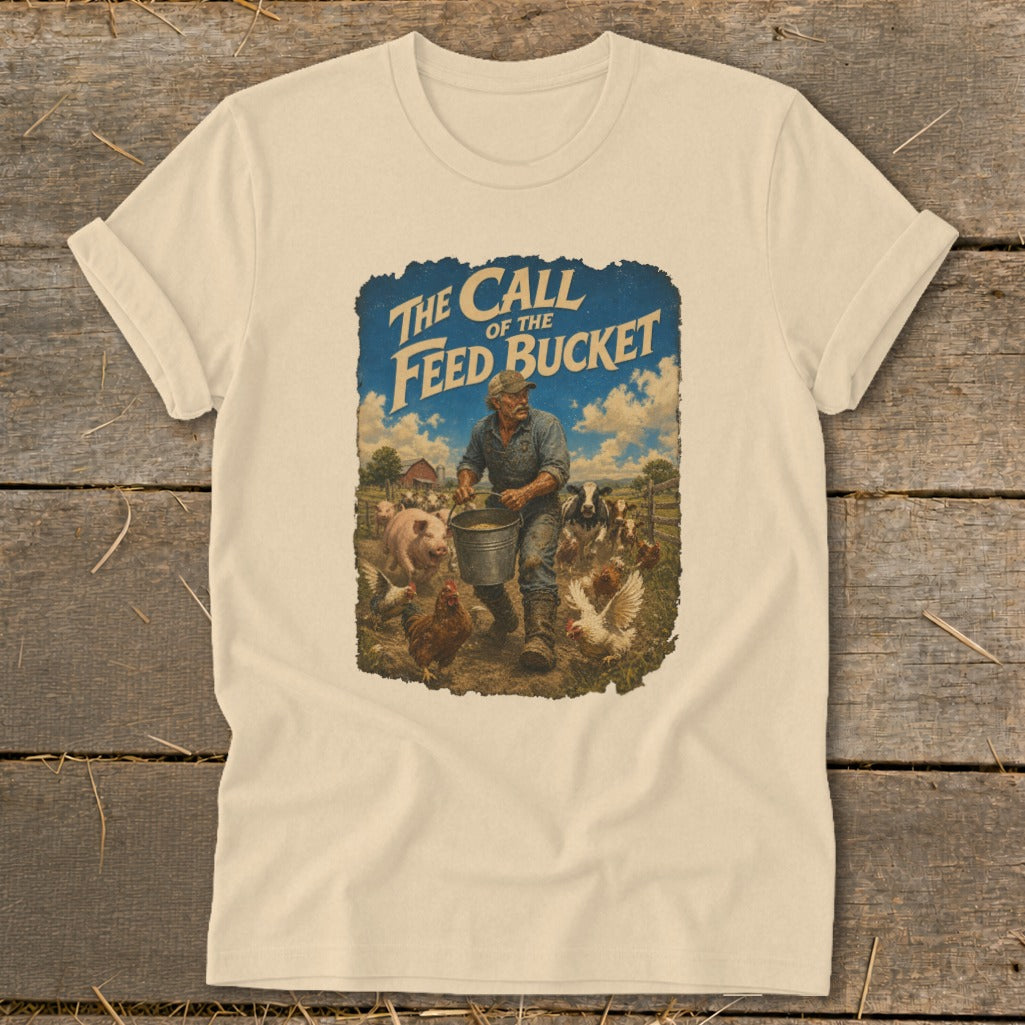 T-shirt graphic with text "The Call of the Feed Bucket" and a farmer feeding farm animals.