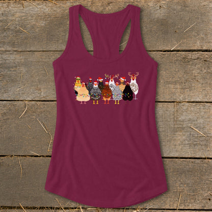 Christmas chickens wearing Santa hats and holiday lights on a maroon tank top.