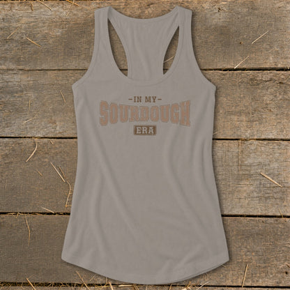 Grey racerback tank top with brown text: "-IN MY- SOURDOUGH ERA"