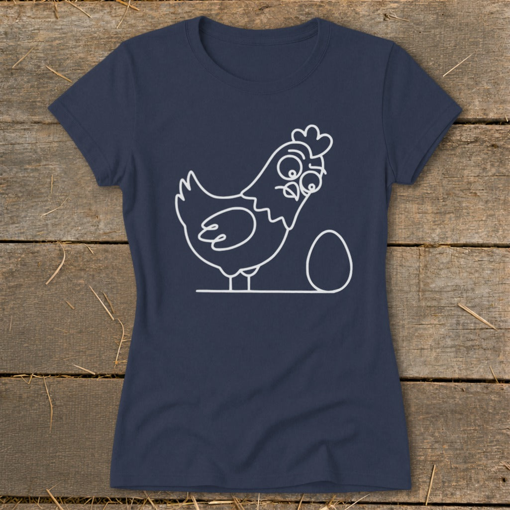 Navy t-shirt with a white line drawing of a surprised chicken and an egg.