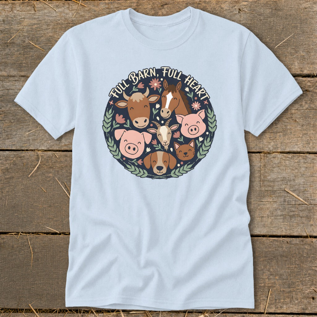 Light blue t-shirt with "Full Barn, Full Heart" and farm animal faces in a circle.