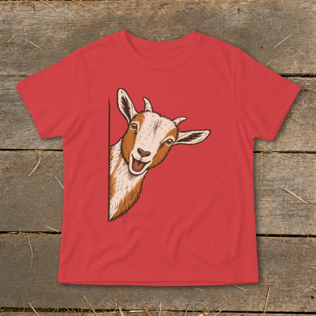 Red t-shirt with a peeking goat illustration.