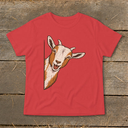 Red t-shirt with a peeking goat illustration.