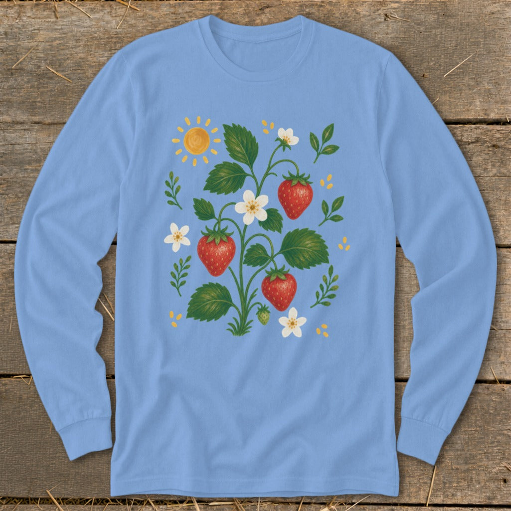 Light blue long-sleeve shirt with strawberry plant illustration and sun graphic.