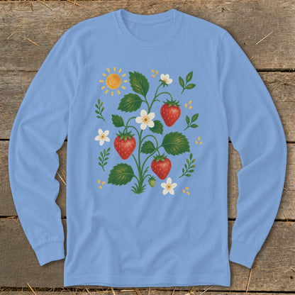 Light blue long-sleeve shirt with strawberry plant illustration and sun graphic.