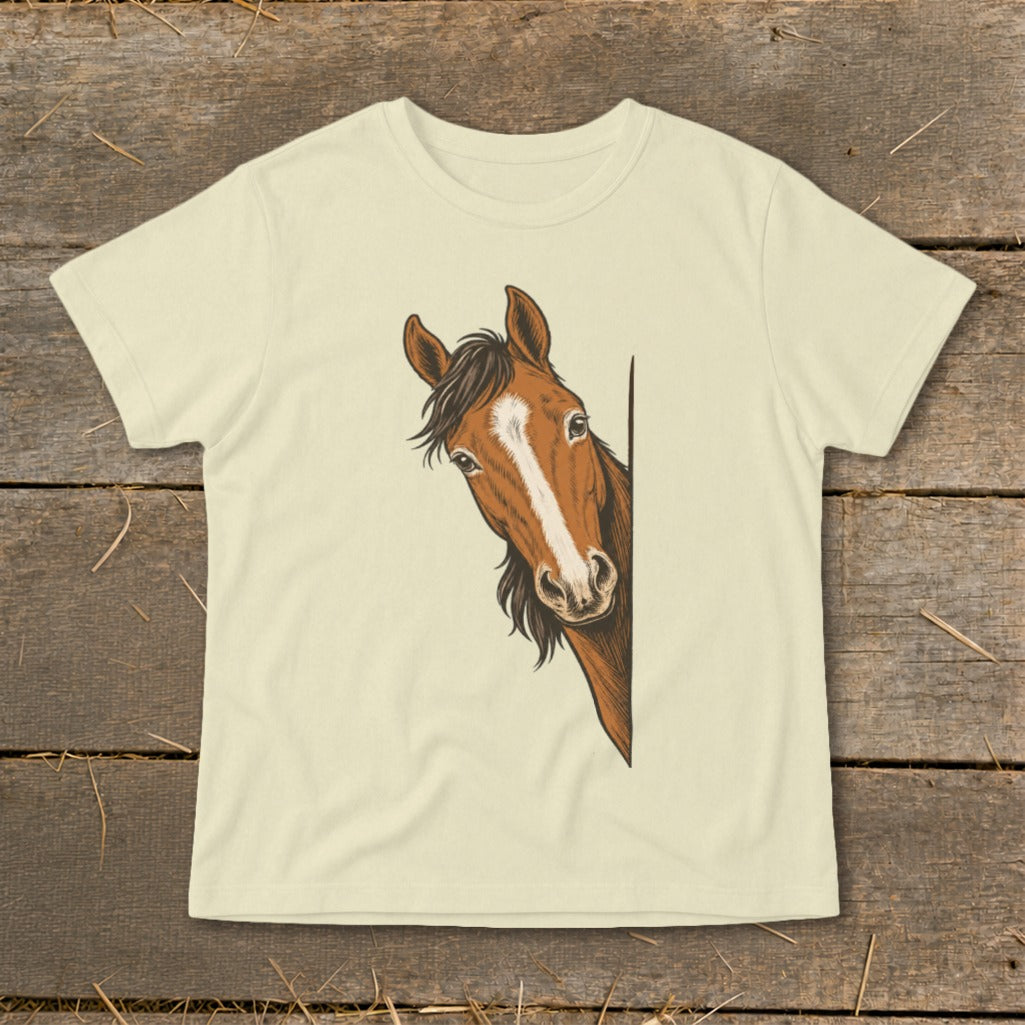 Cream t-shirt with illustration of a brown horse peeking from the side.