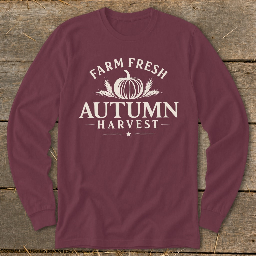 Maroon long-sleeve shirt with "Farm Fresh Autumn Harvest" text and pumpkin design.