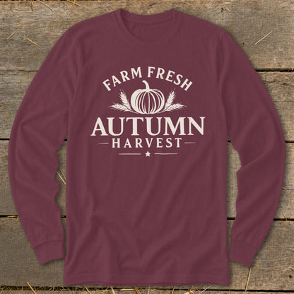 Maroon long-sleeve shirt with "Farm Fresh Autumn Harvest" text and pumpkin design.