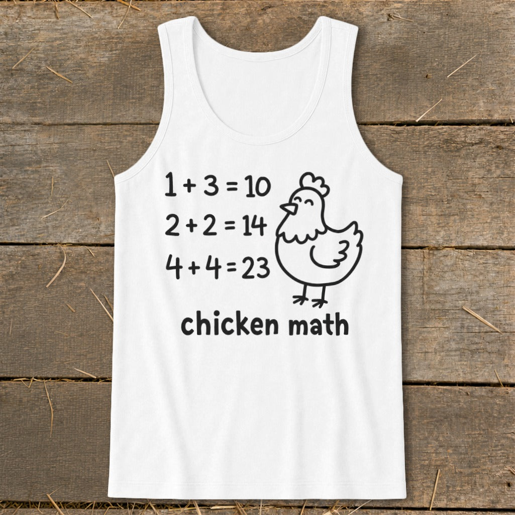 White tank top with "chicken math" text and a cartoon chicken.