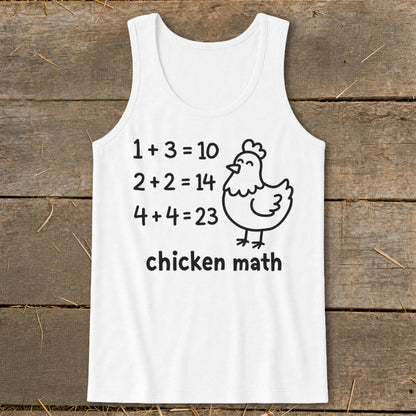 White tank top with "chicken math" text and a cartoon chicken.