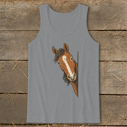 Brown horse peeking around a corner on a grey tank top.