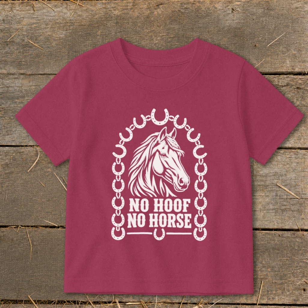 Maroon t-shirt with horse graphic and text "NO HOOF NO HORSE".