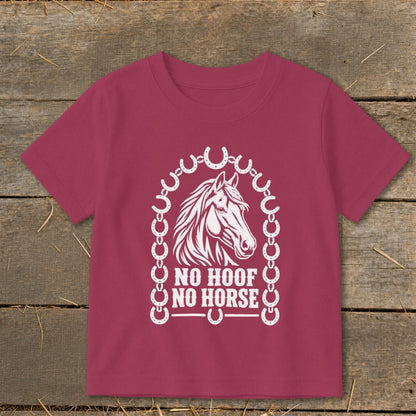 Maroon t-shirt with horse graphic and text "NO HOOF NO HORSE".
