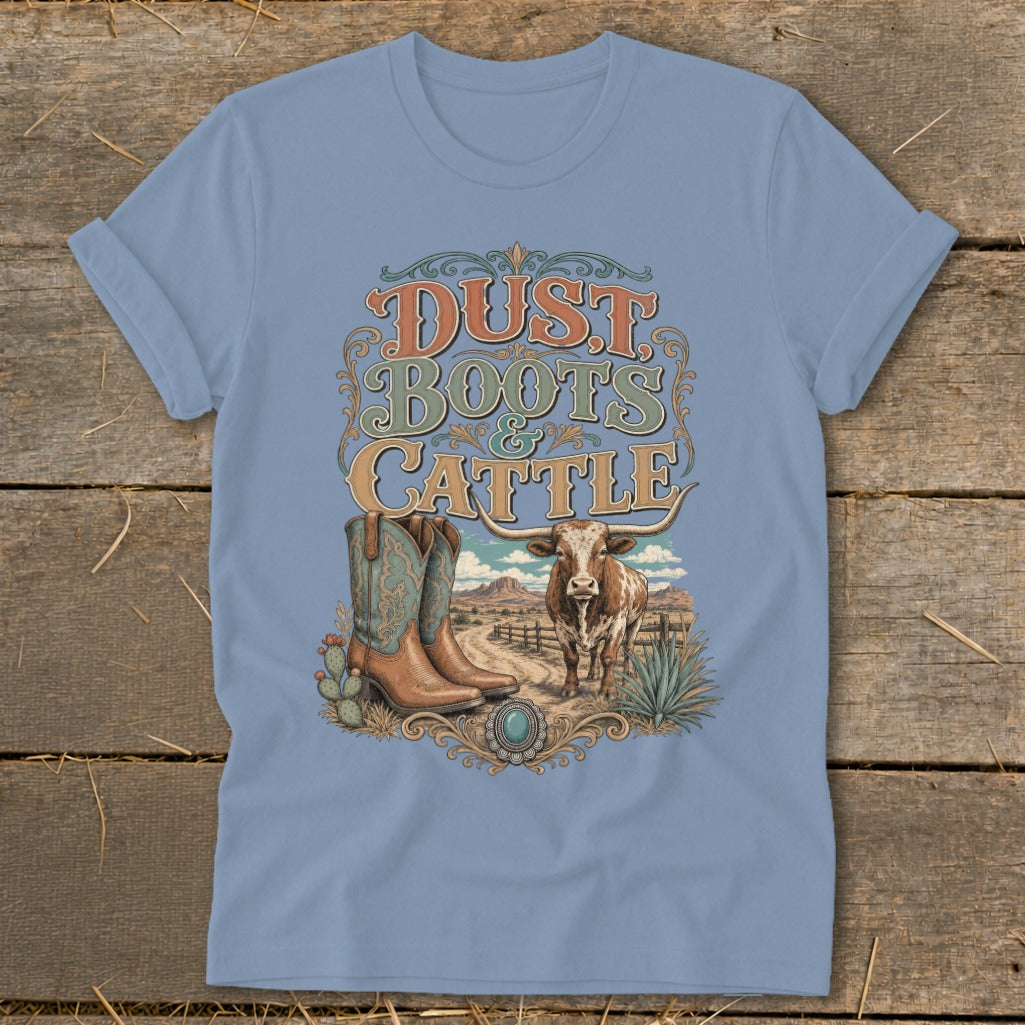 T-shirt with "Dust Boots & Cattle" text and Western desert scene.