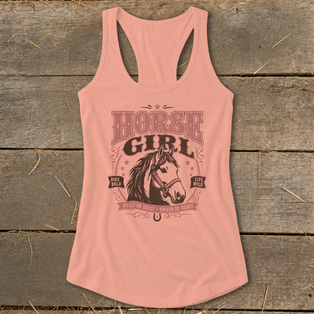 Peach tank top with "Horse Girl" text and horse head graphic.