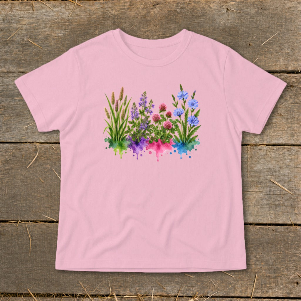 Light pink t-shirt featuring a colorful watercolor botanical illustration of wildflowers laid out flat.
