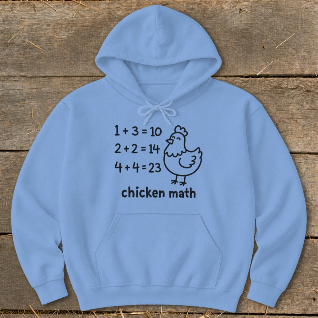 Light blue hoodie with chicken math equations and a chicken graphic.